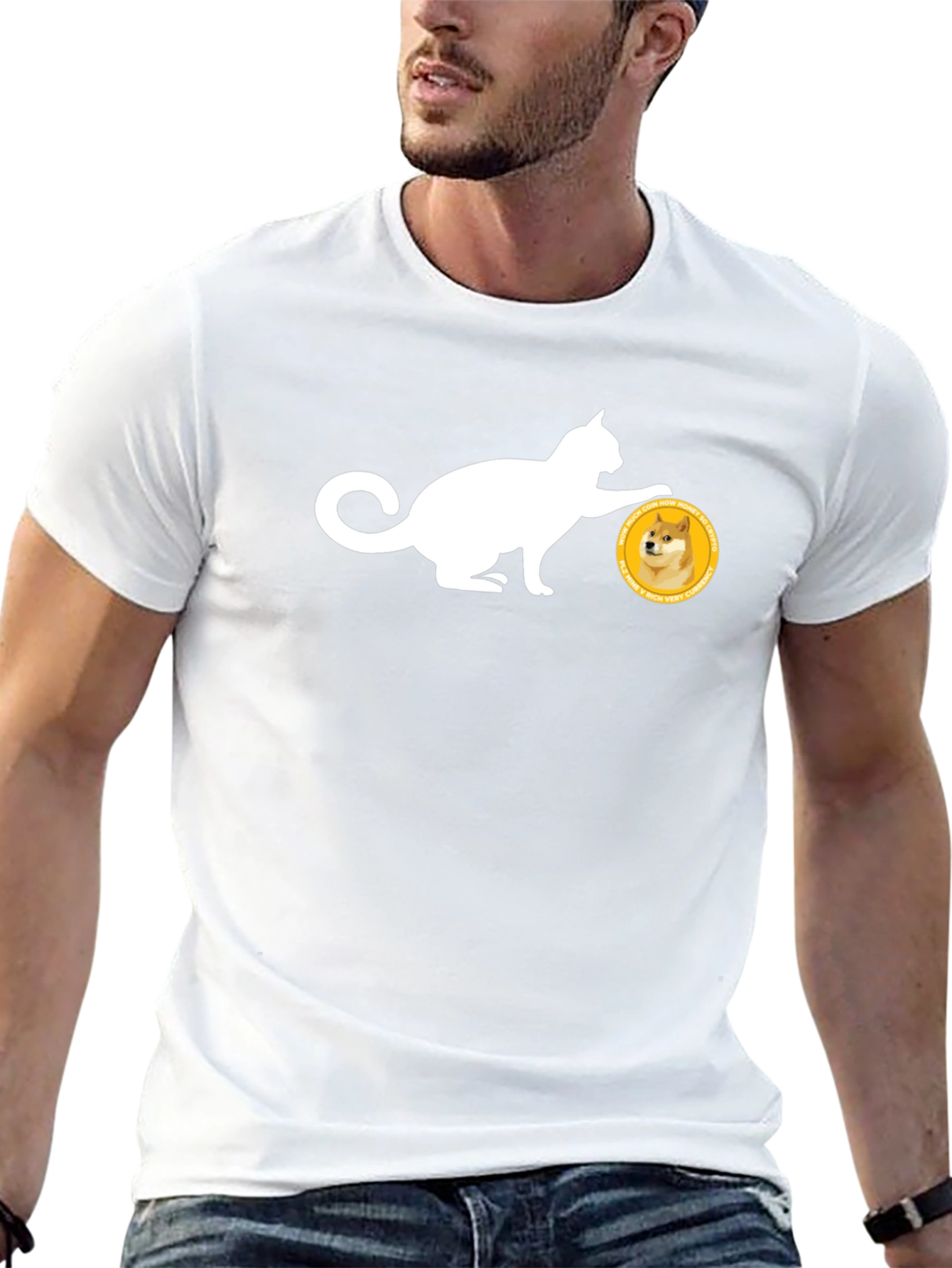 Cat Pushing Doge Coin Black T-Shirt