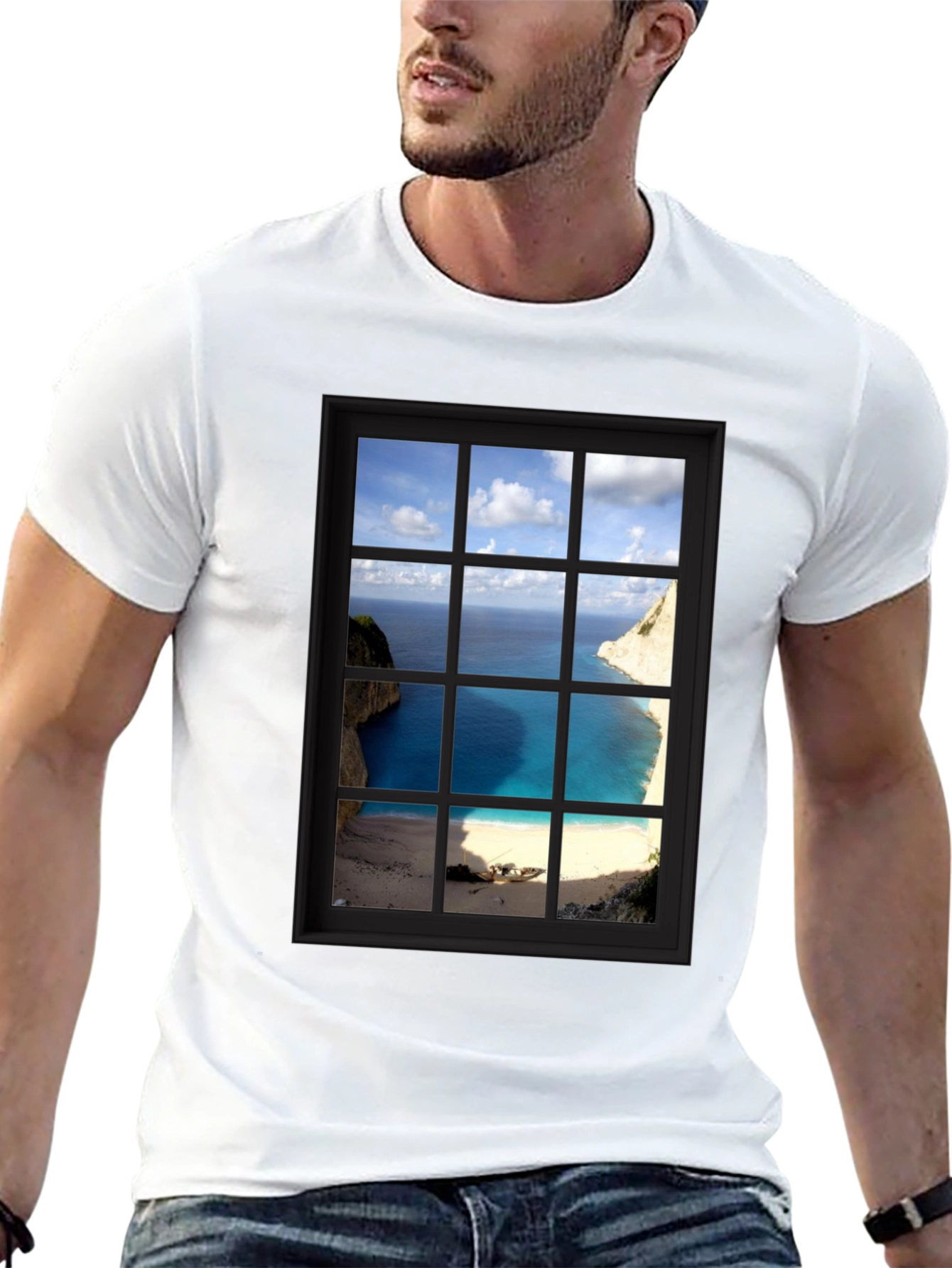 Coastal View Window Graphic Tee - Black Cotton T-Shirt