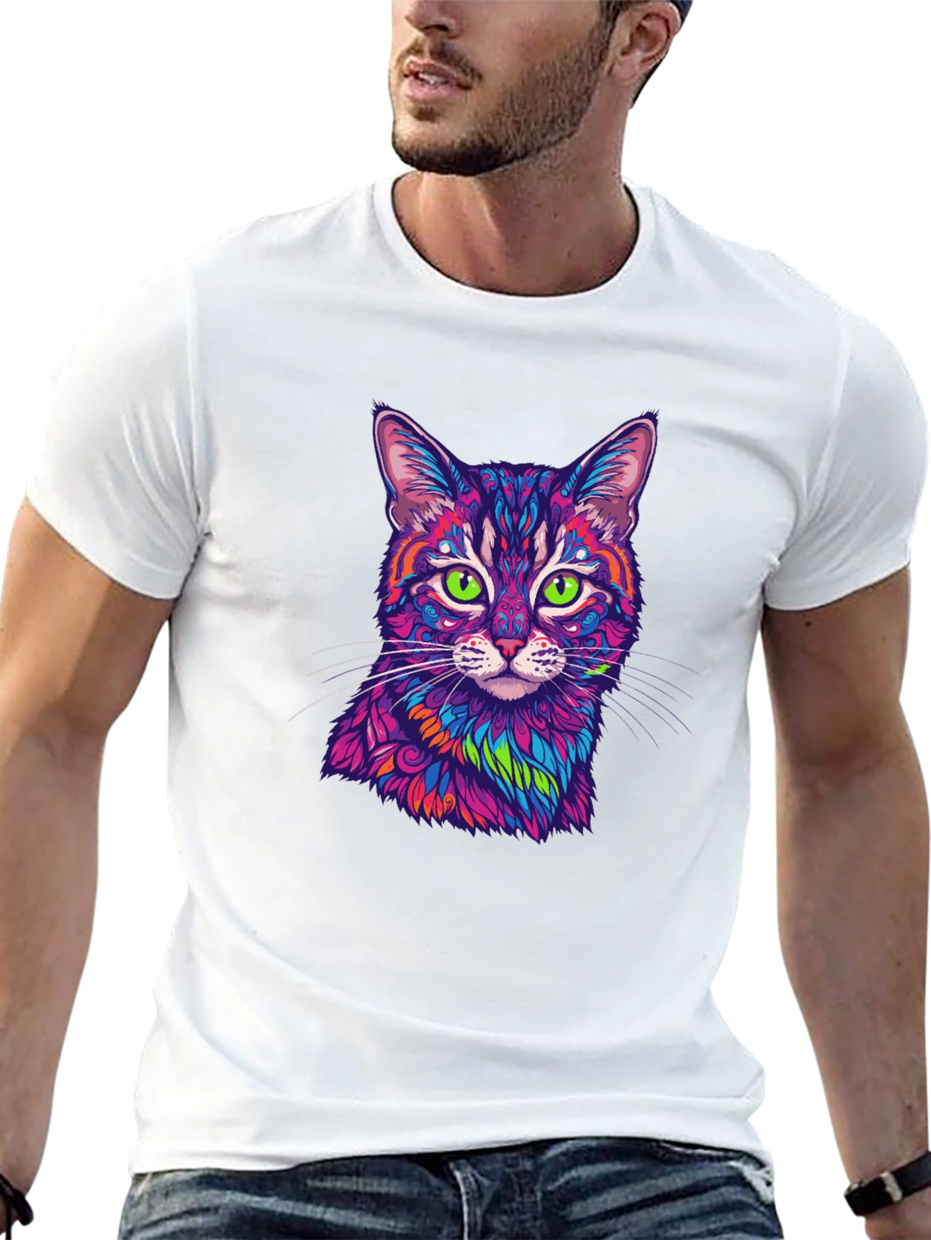 Vibrant Cat Graphic Tee - Mens Black T-Shirt
