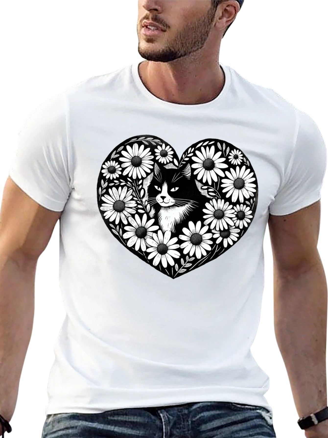 Black Cat Daisy Heart Graphic Tee - Mens
