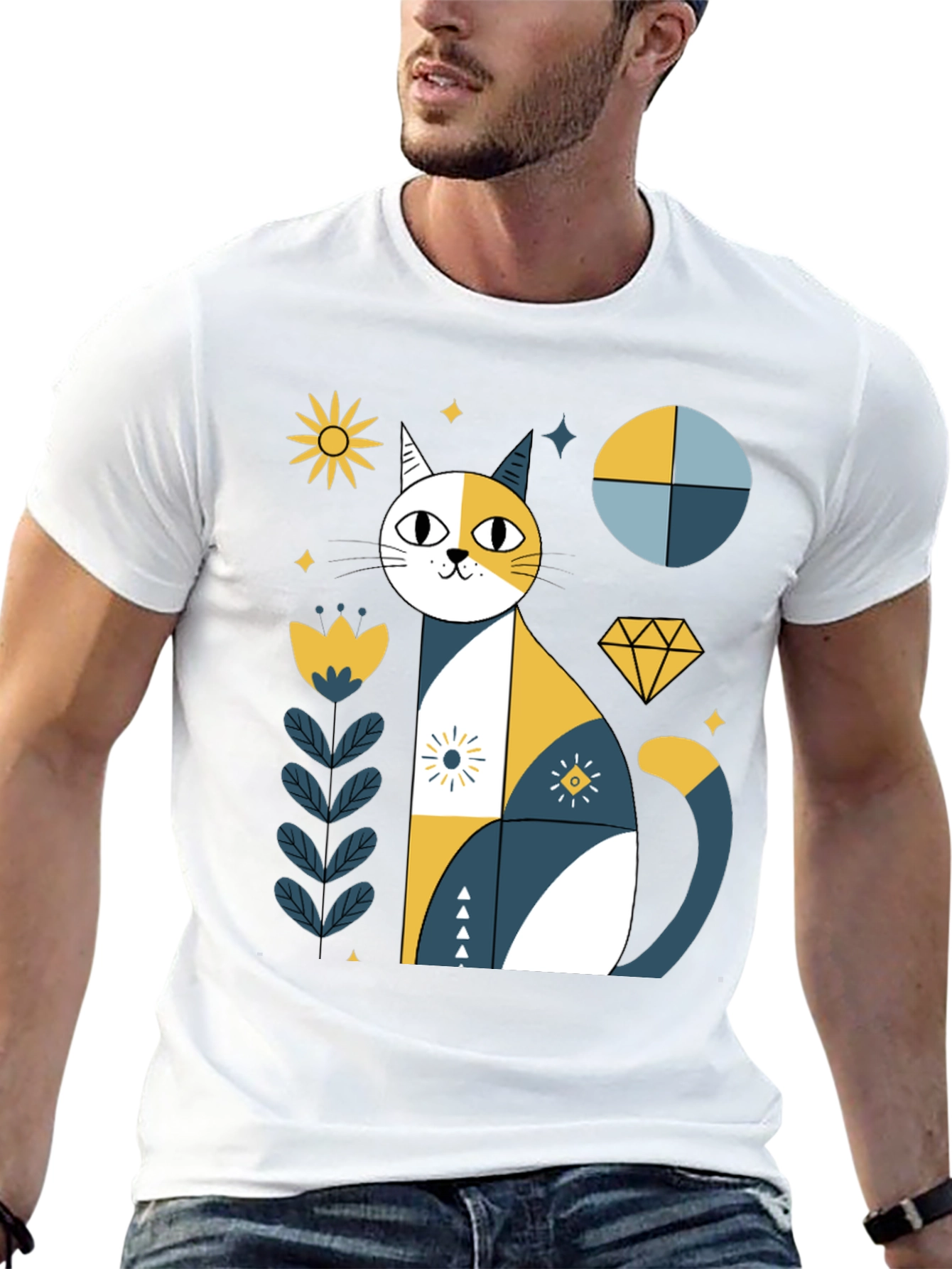 Geometric Cat Graphic Tee - Stylish Black T-Shirt