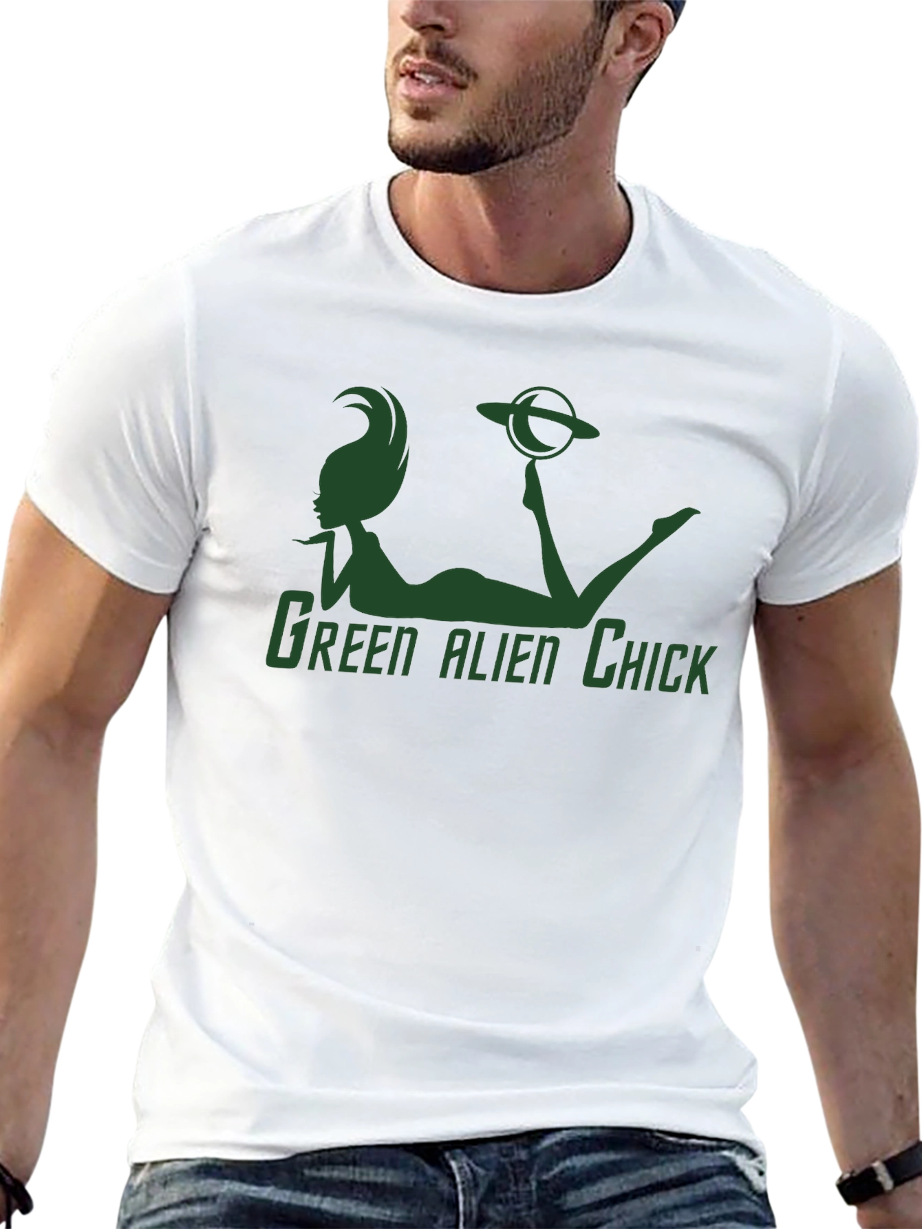 Green Alien Chick Graphic T-Shirt - Sci-Fi Novelty Tee
