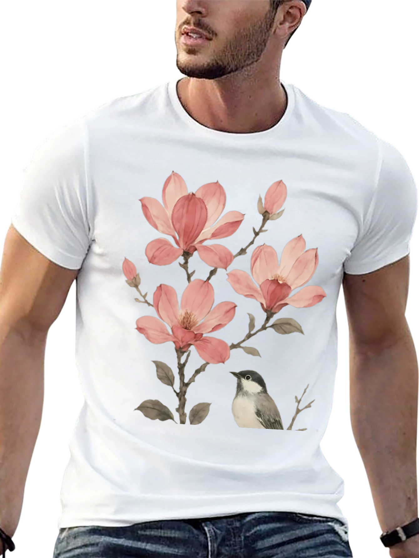 Floral Bird Print T-Shirt - Soft Cotton Blend