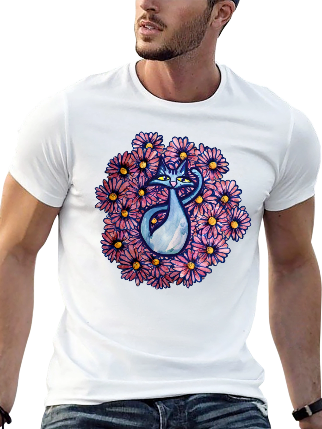 Black T-Shirt with Cat and Floral Design