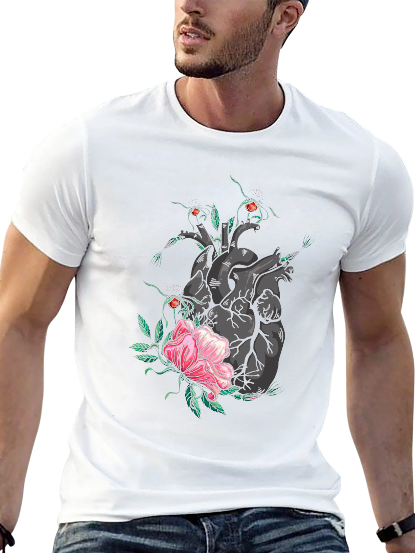 Heart & Flower Graphic T-Shirt - Black
