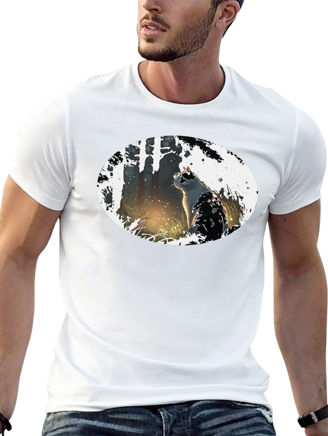 Cat in the Woods Black T-Shirt
