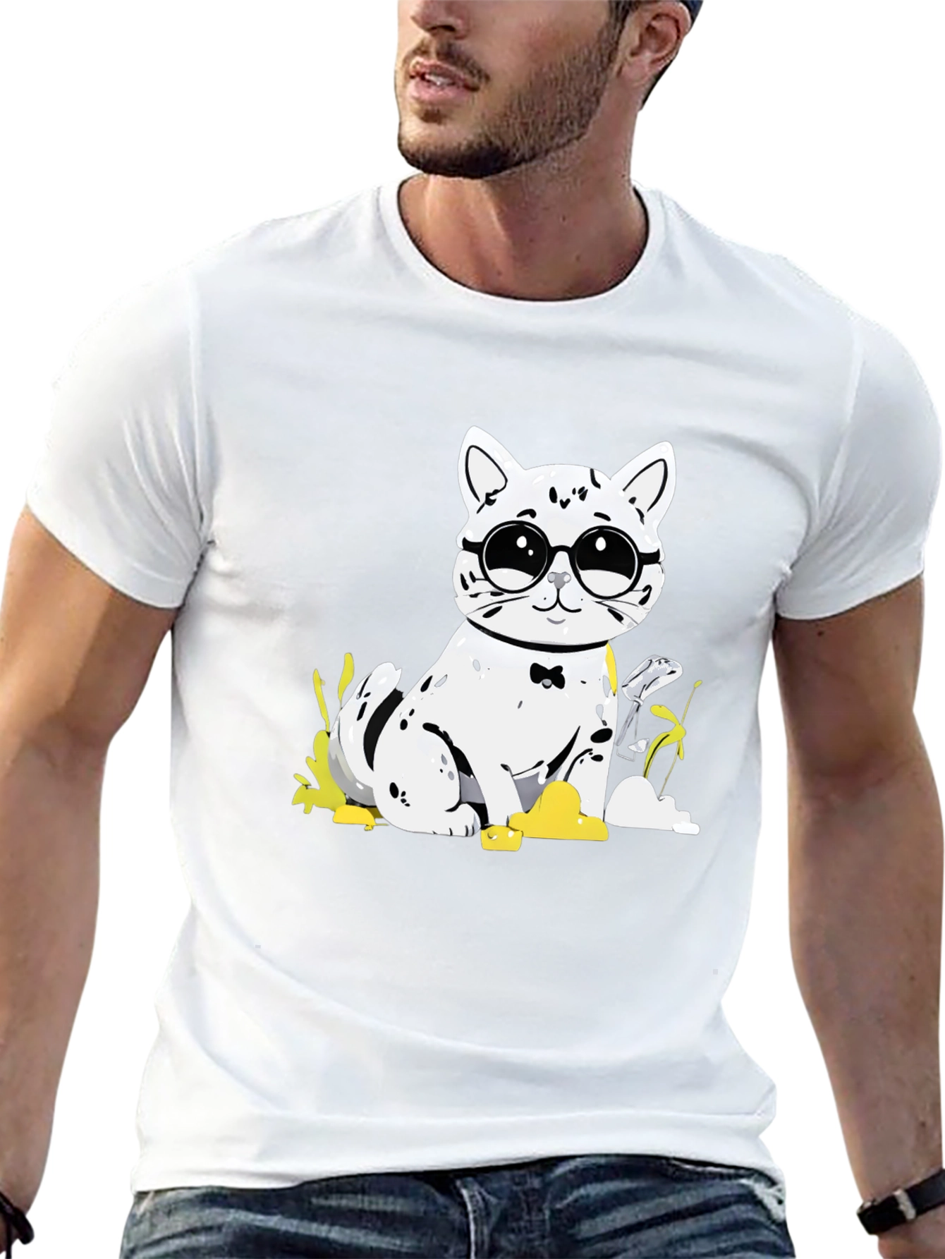 Cat with Glasses T-Shirt - Black Cotton Tee
