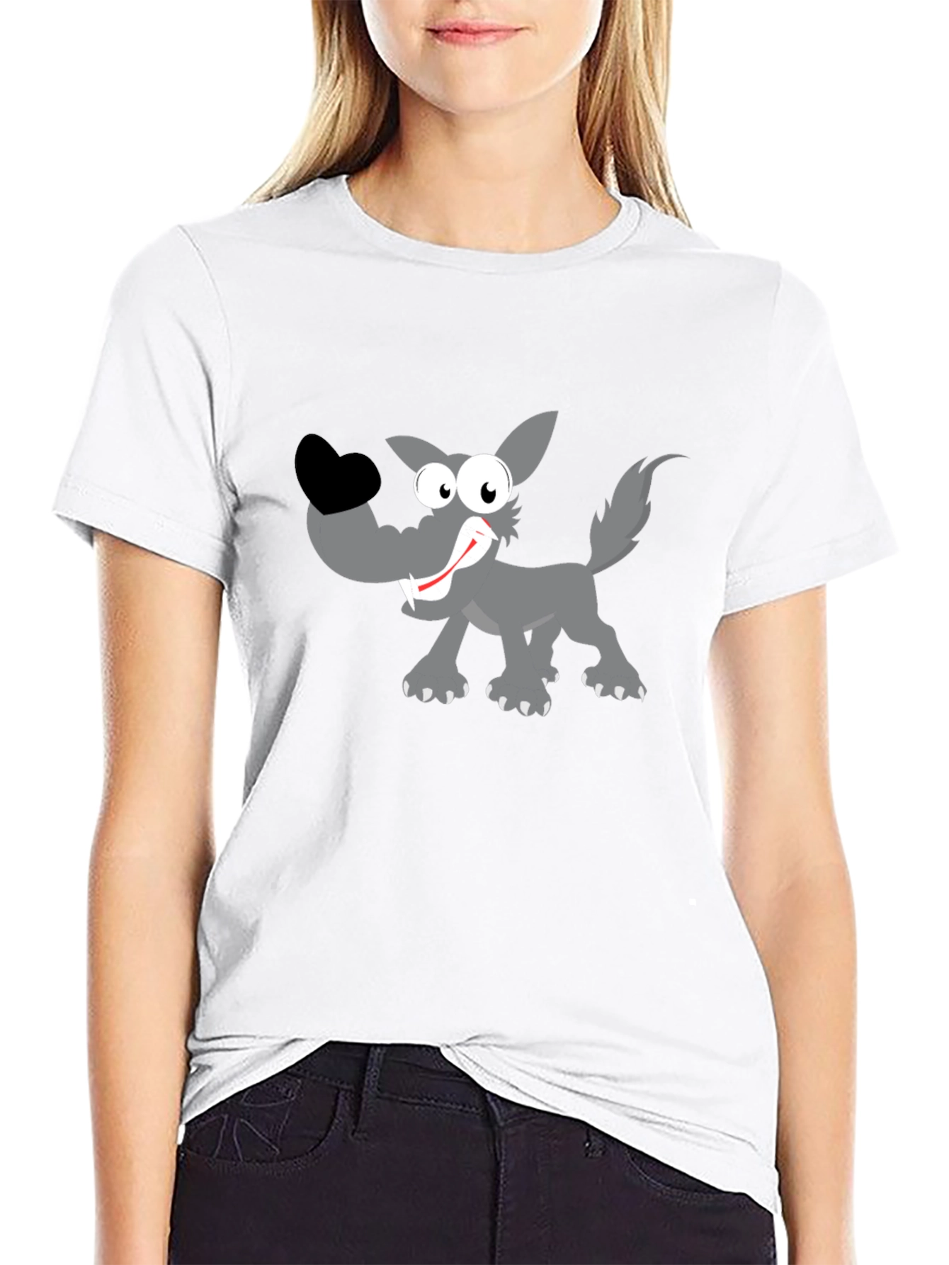 Cartoon Wolf Graphic Tee - Black Cotton T-Shirt
