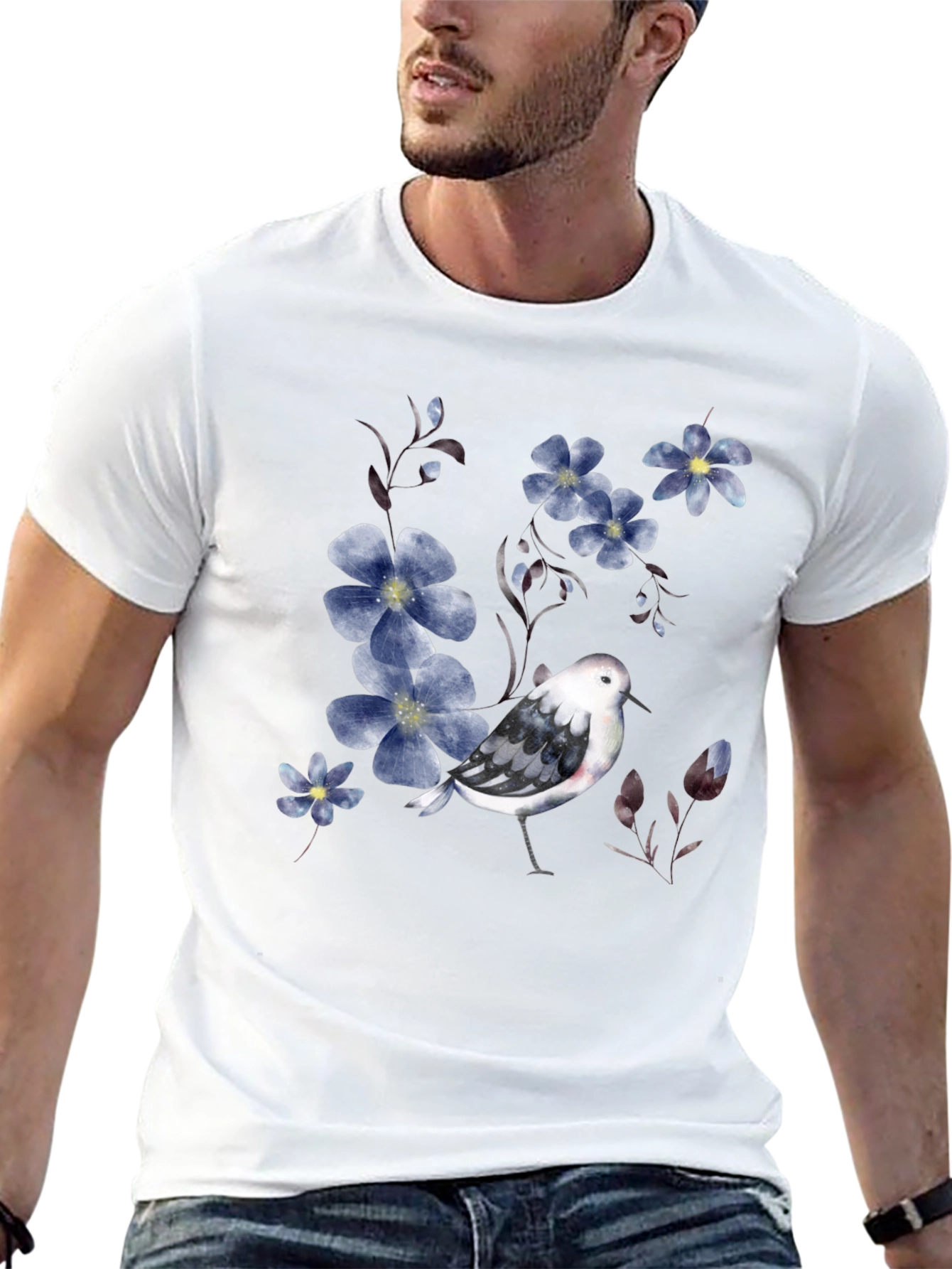 Floral Bird Print Black T-Shirt