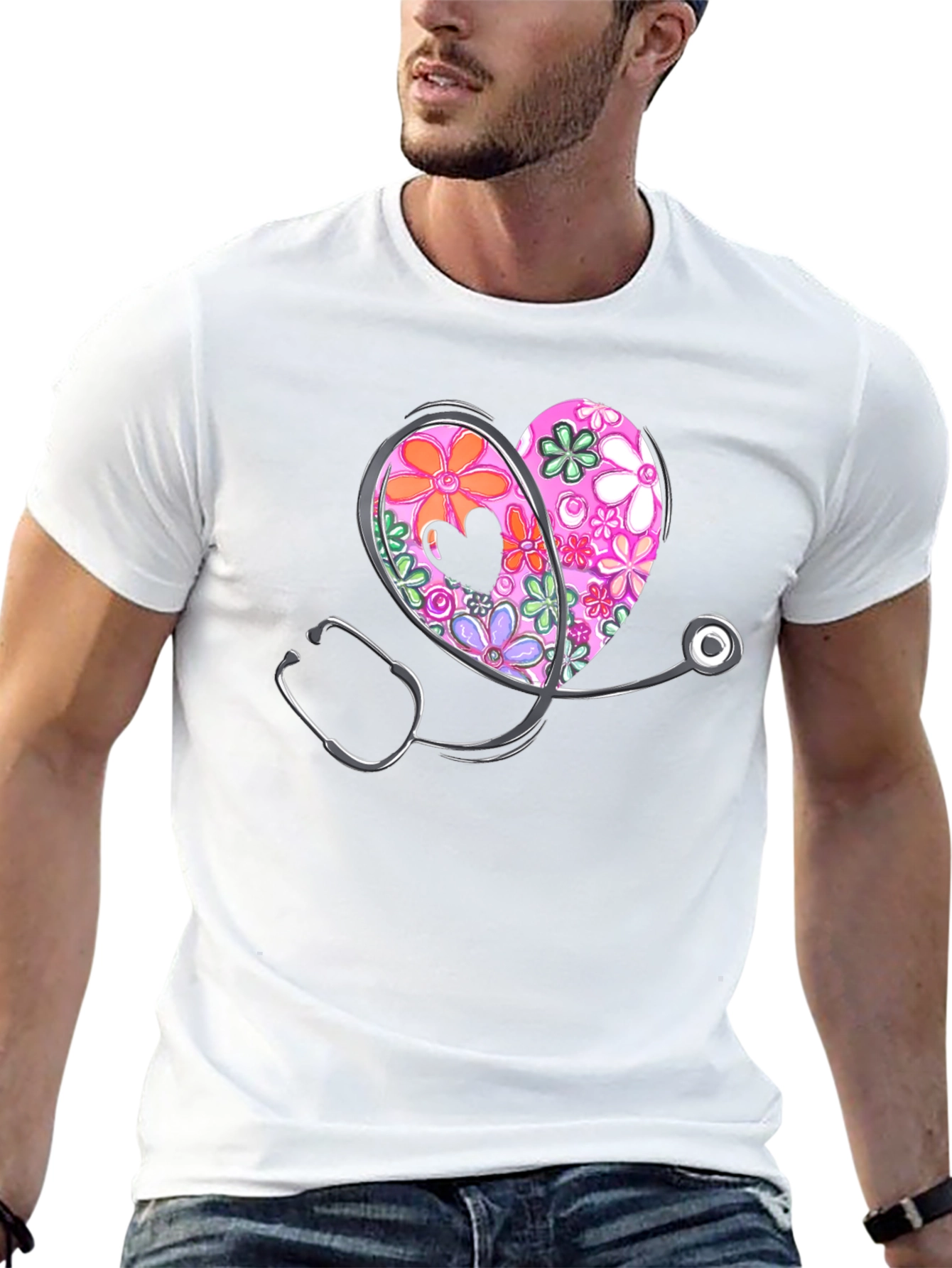 Floral Heart Stethoscope Graphic T-Shirt
