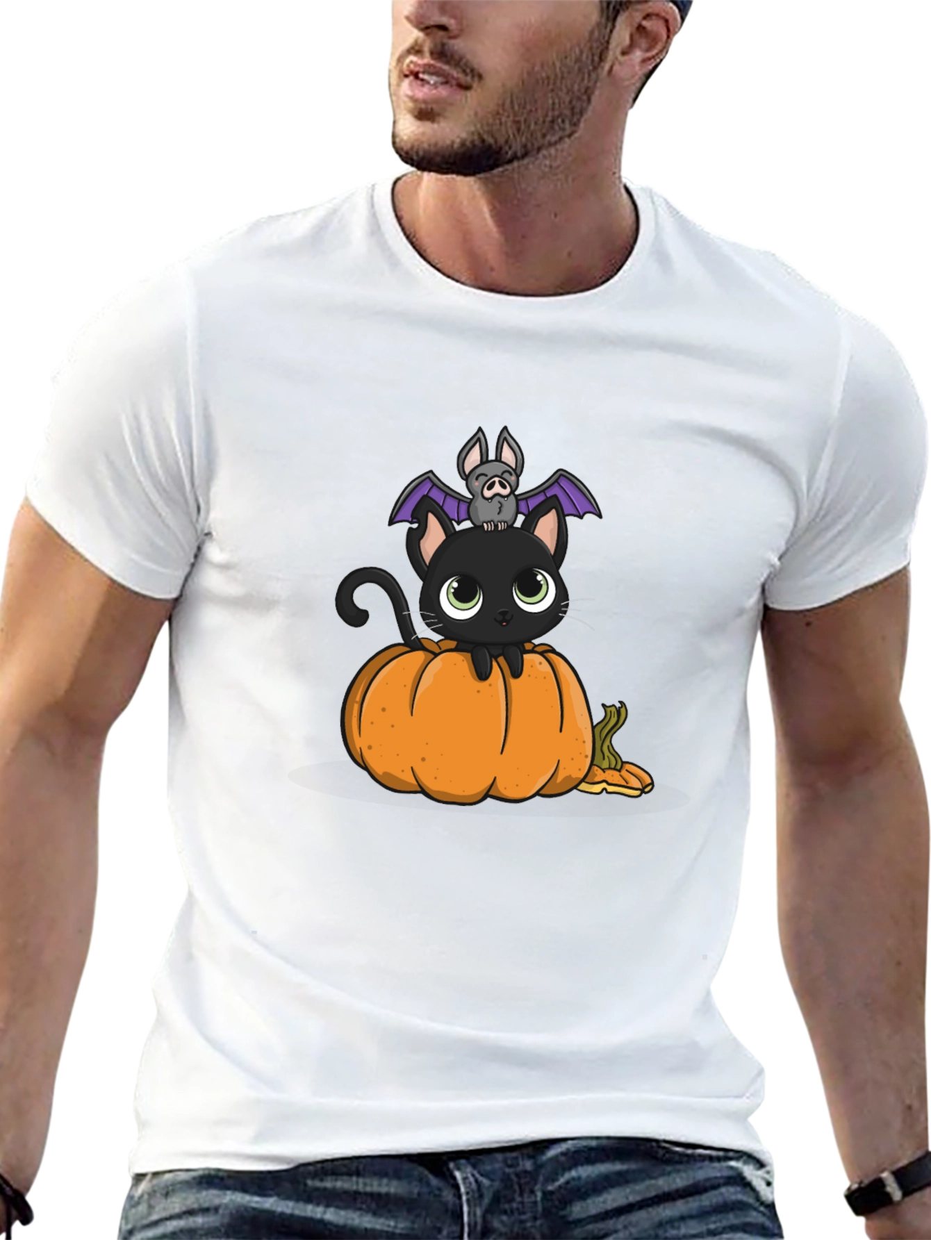 Halloween Cat & Bat on Pumpkin T-Shirt