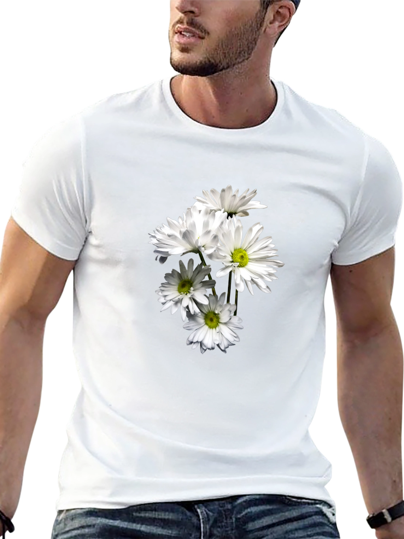 Black T-Shirt with Floral Daisy Design
