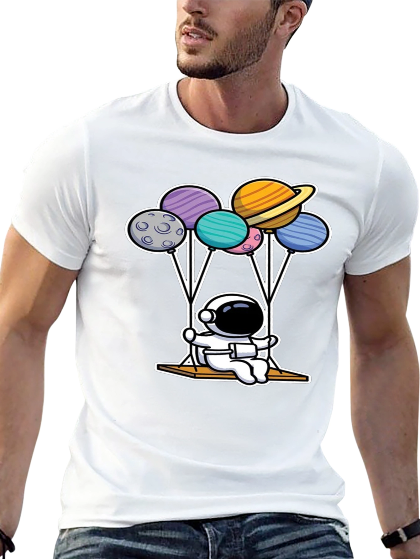 Astronaut Swing Planets Balloons Graphic T-Shirt