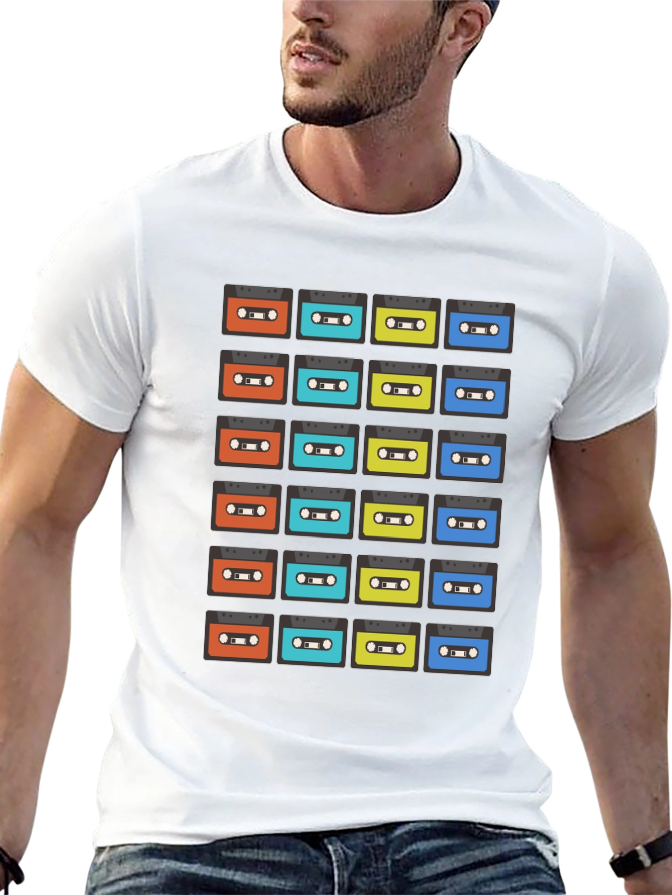 Retro Cassette Tape Pattern Black T-Shirt