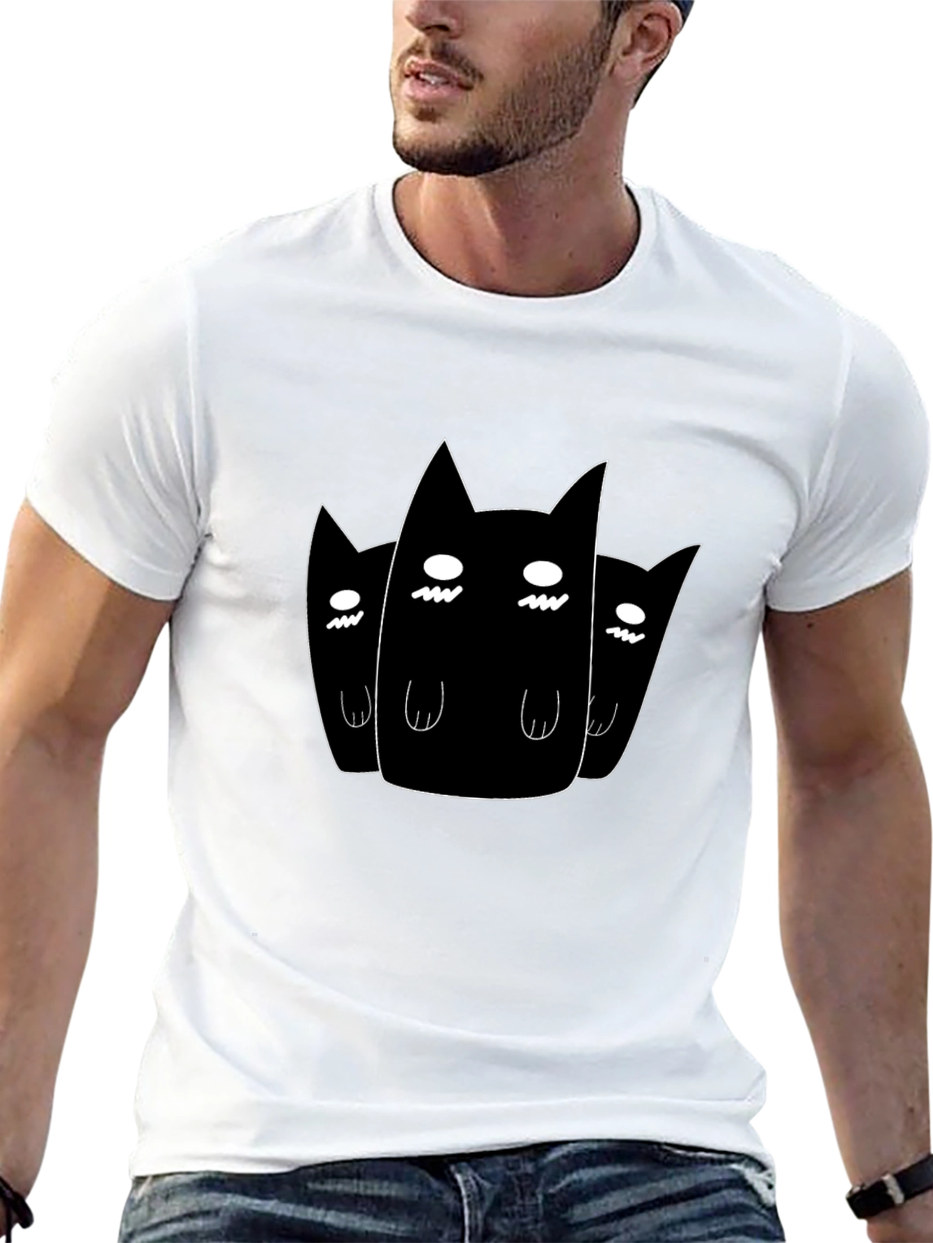Black T-Shirt with Three Ghost Cats Graphic
