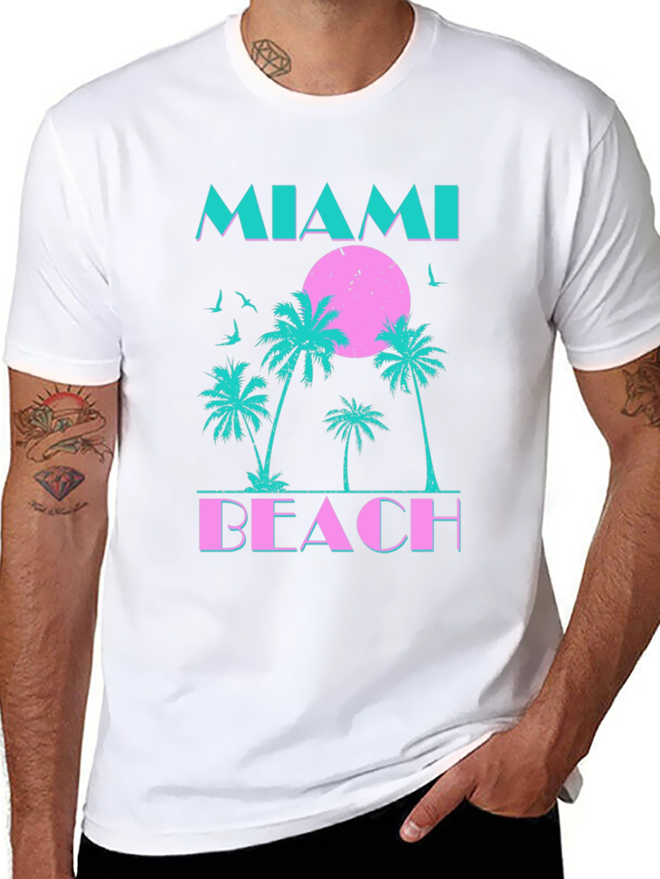 Miami Beach Graphic T-Shirt - Retro Palm Tree Design