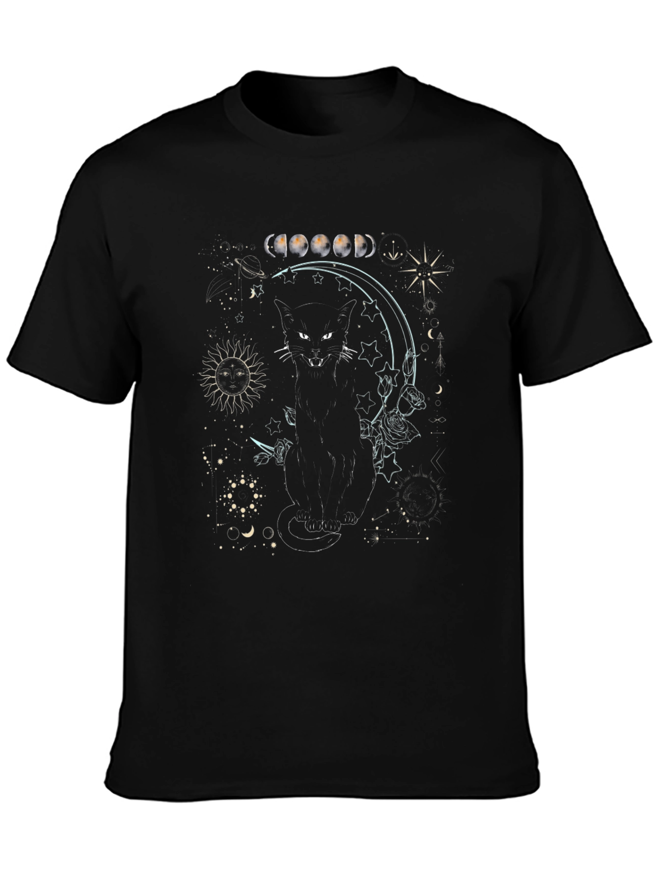 Mystic Cat Moon Phase Graphic Tee - Black Cotton