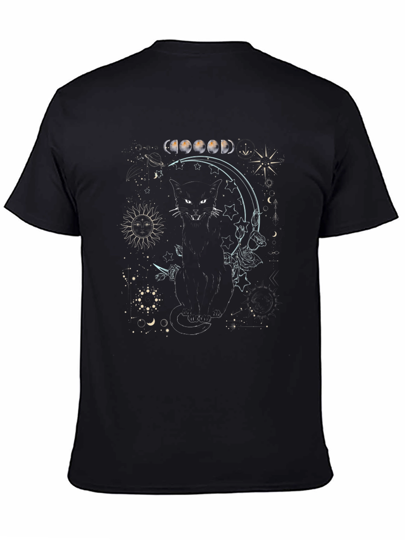 Mystic Cat Moon Phase Graphic Tee - Black Cotton