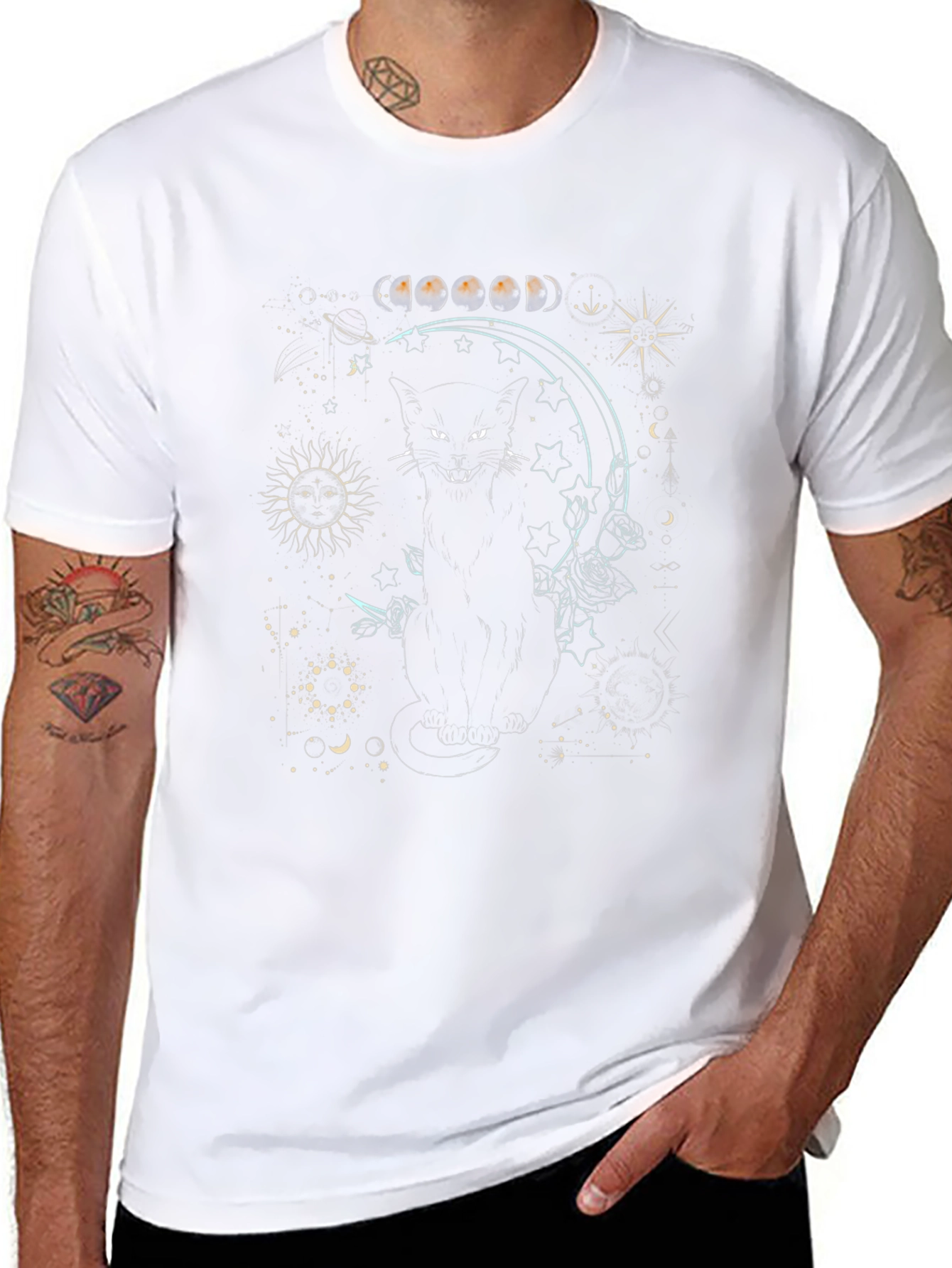 Mystic Cat Moon Phase Graphic Tee - Black Cotton