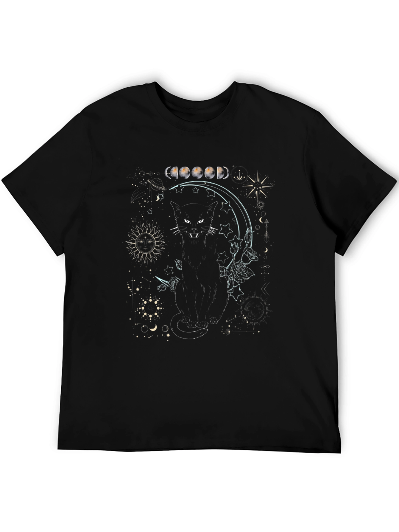 Mystic Cat Moon Phase Graphic Tee - Black Cotton
