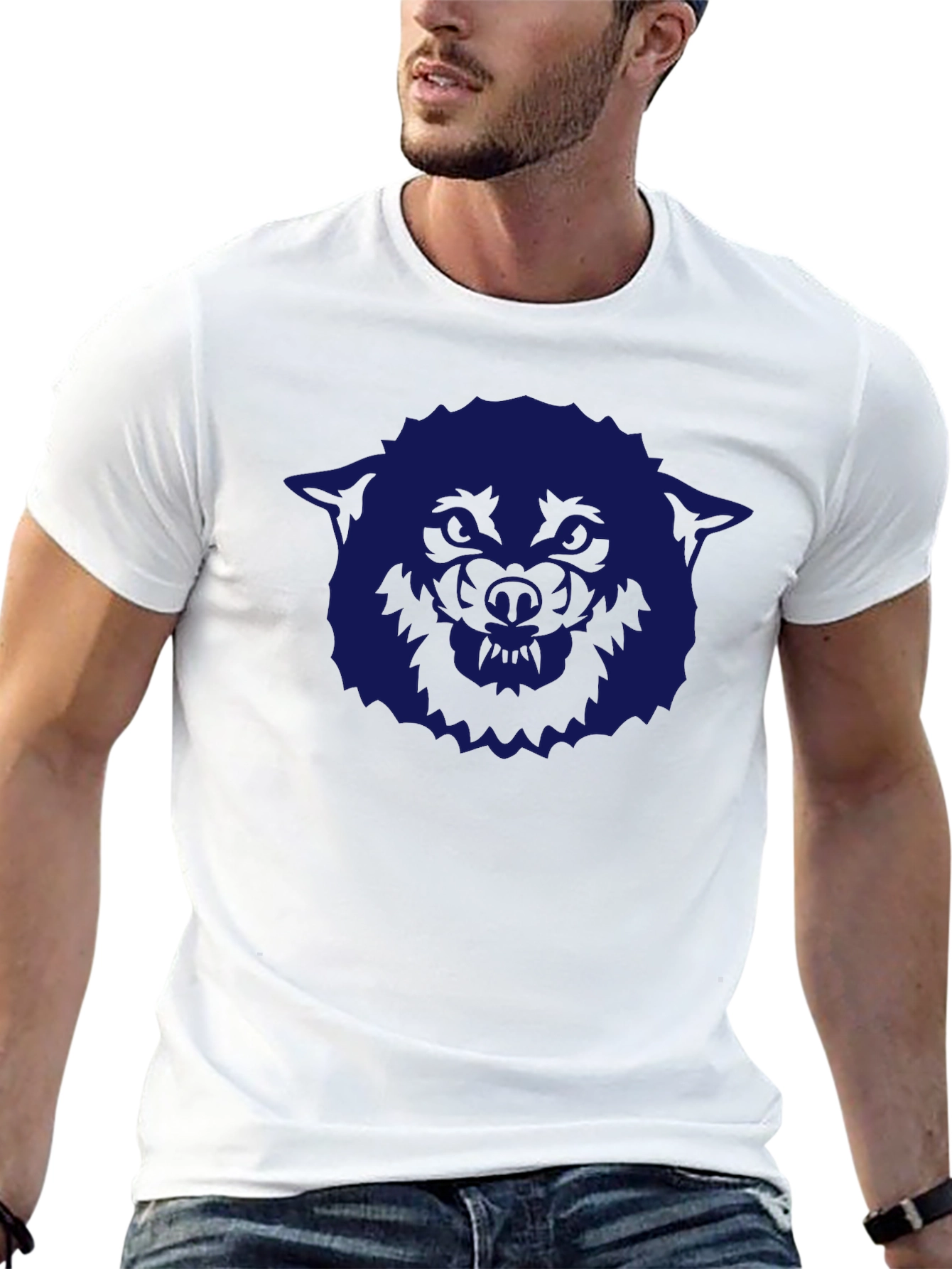 Mens Black T-Shirt with Blue Wolf Graphic