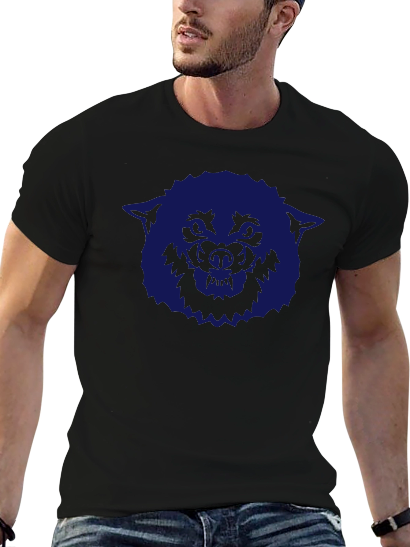 Mens Black T-Shirt with Blue Wolf Graphic