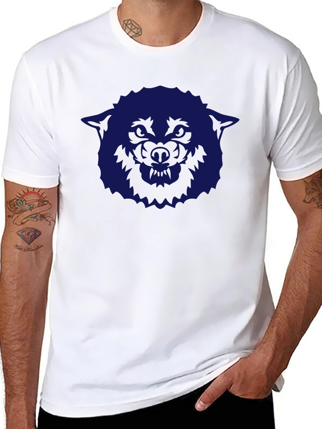 Mens Black T-Shirt with Blue Wolf Graphic