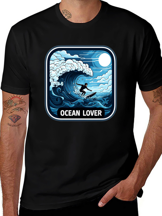 Ocean Lover Graphic Tee - Surfer Wave Design
