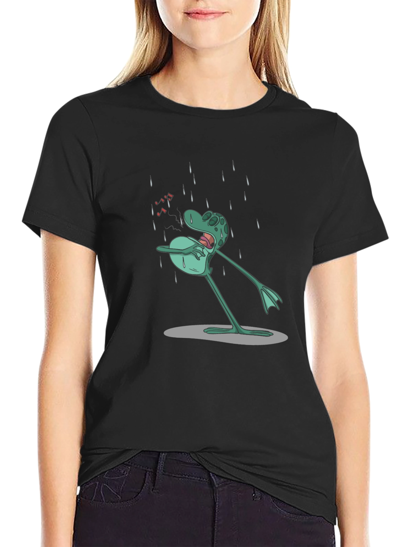 Sad Frog Cartoon Black T-Shirt