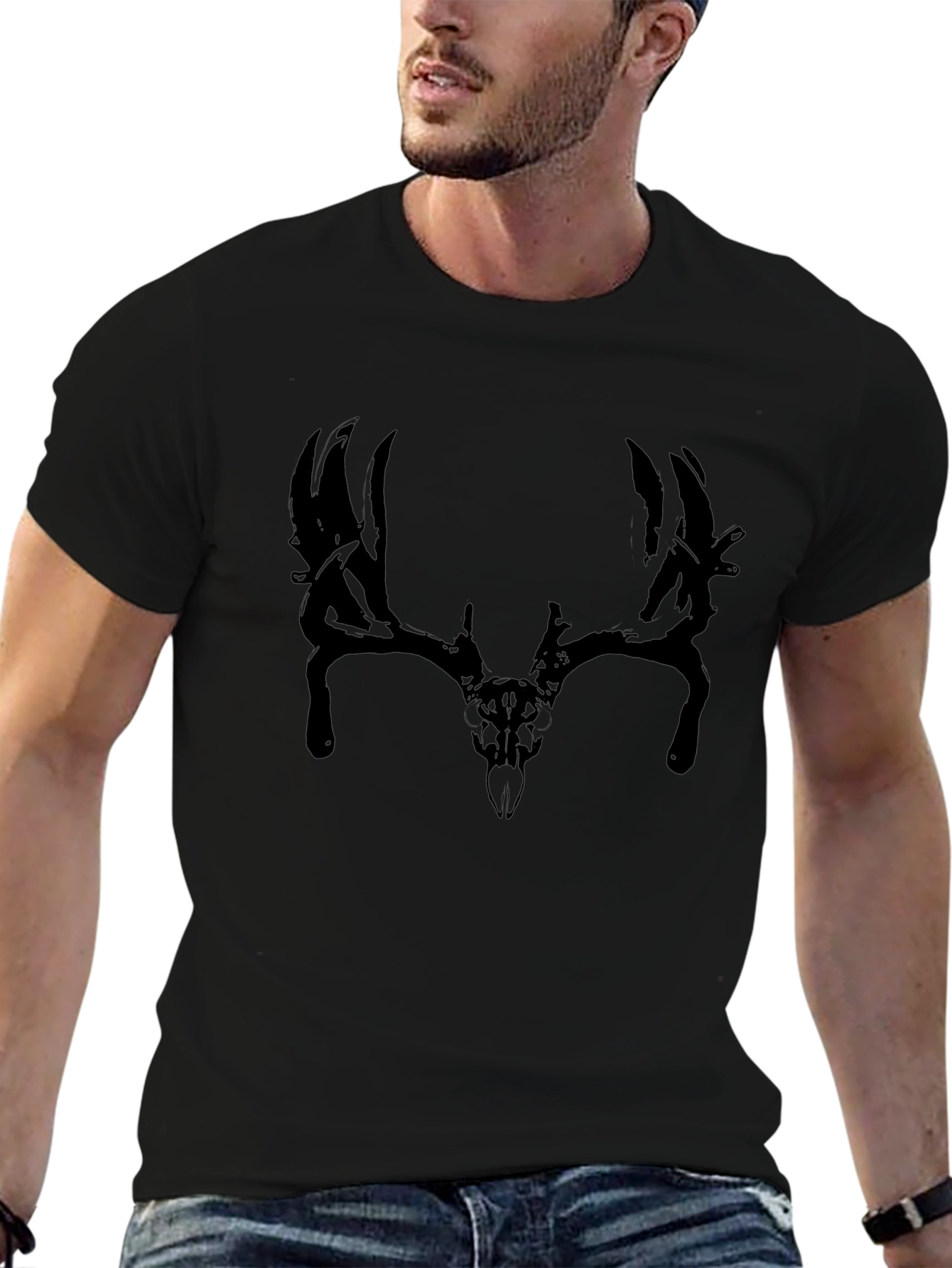 Mens Black T-Shirt with Deer Skull Graphic