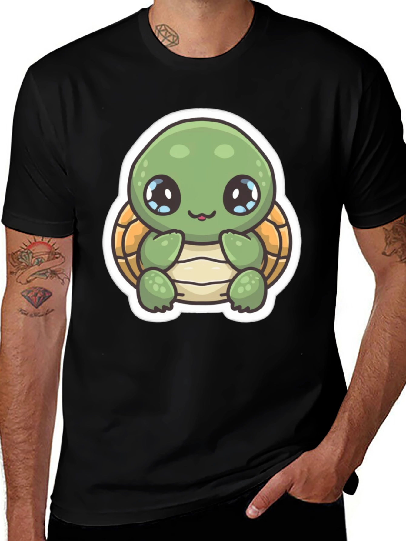 Cute Turtle Graphic T-Shirt - Black Cotton Blend