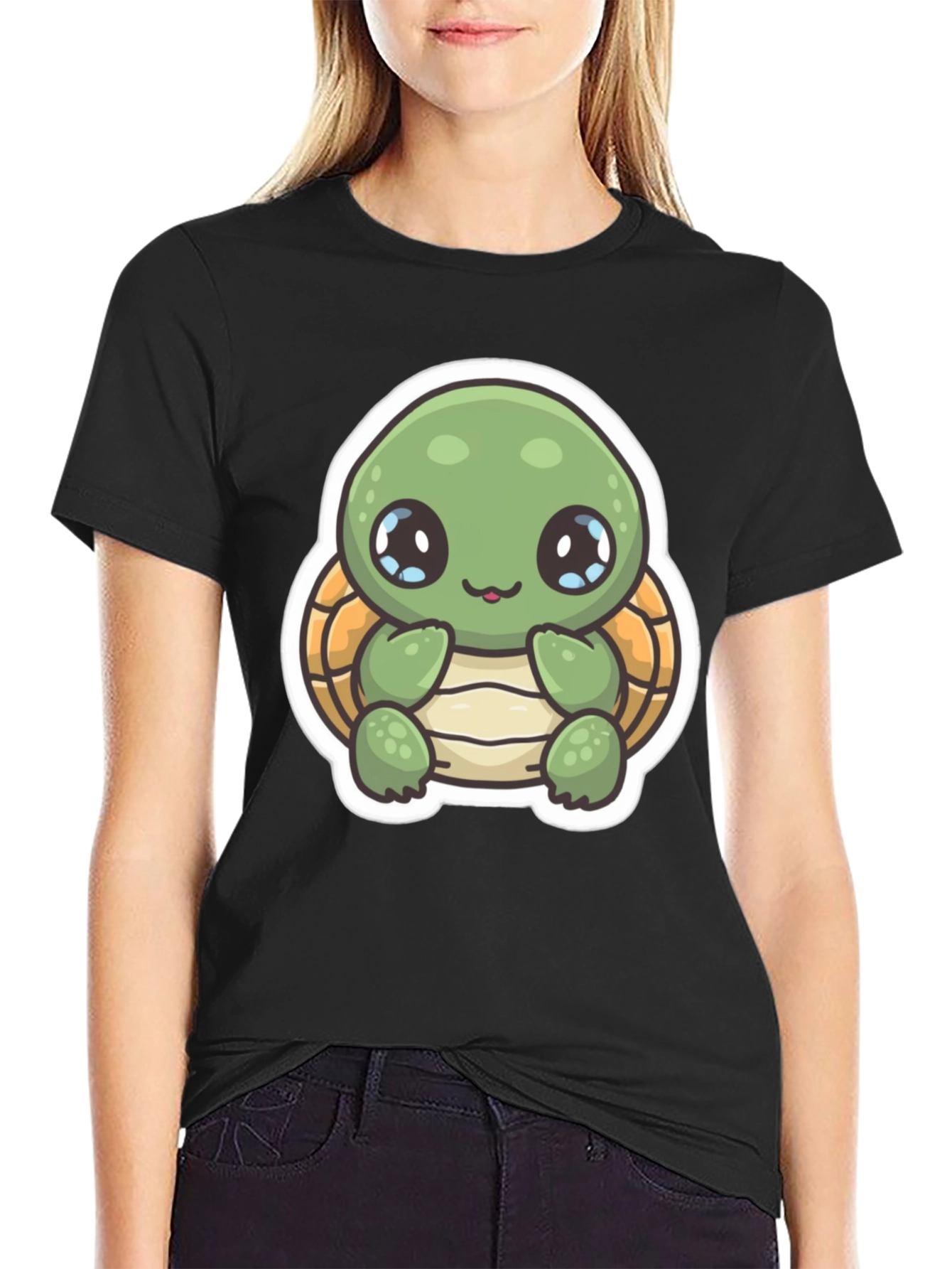 Cute Turtle Graphic T-Shirt - Black Cotton Blend
