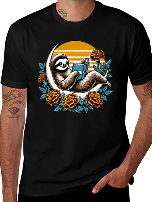 Sloth Reading Book on Moon T-Shirt