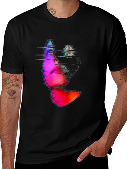Abstract Face Glitch Black T-Shirt