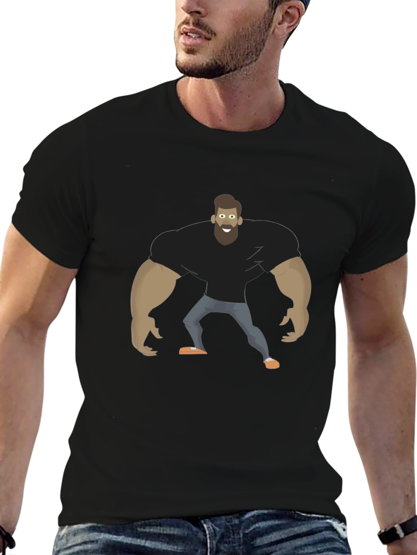 Cartoon Bodybuilder Graphic Tee - Black Cotton T-Shirt