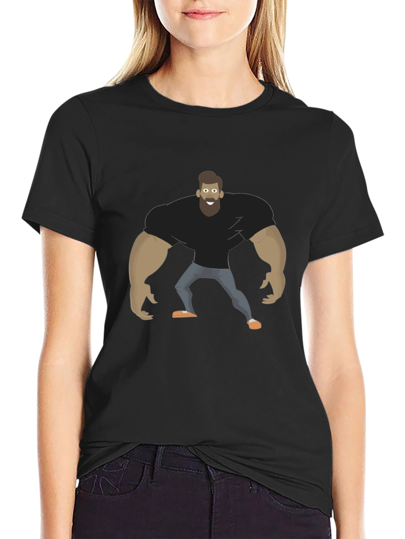 Cartoon Bodybuilder Graphic Tee - Black Cotton T-Shirt