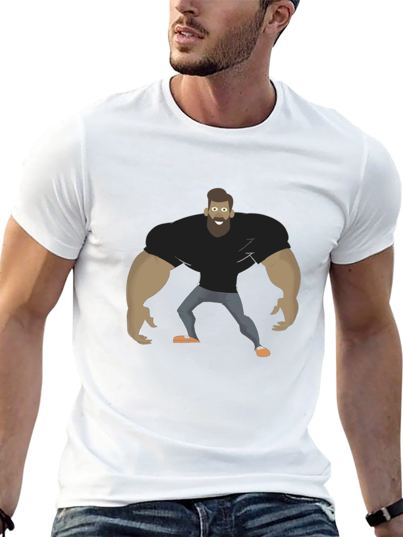 Cartoon Bodybuilder Graphic Tee - Black Cotton T-Shirt