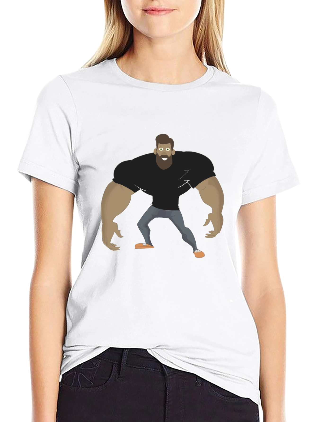 Cartoon Bodybuilder Graphic Tee - Black Cotton T-Shirt