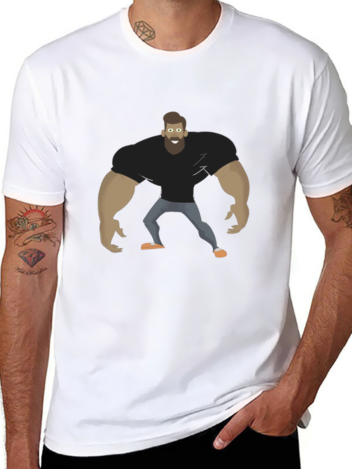 Cartoon Bodybuilder Graphic Tee - Black Cotton T-Shirt