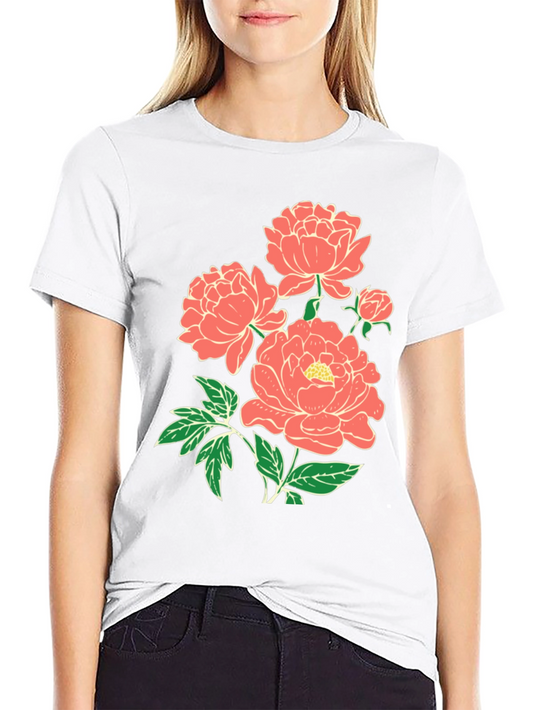 Floral Graphic T-Shirt - Black Cotton Tee with Peony Design