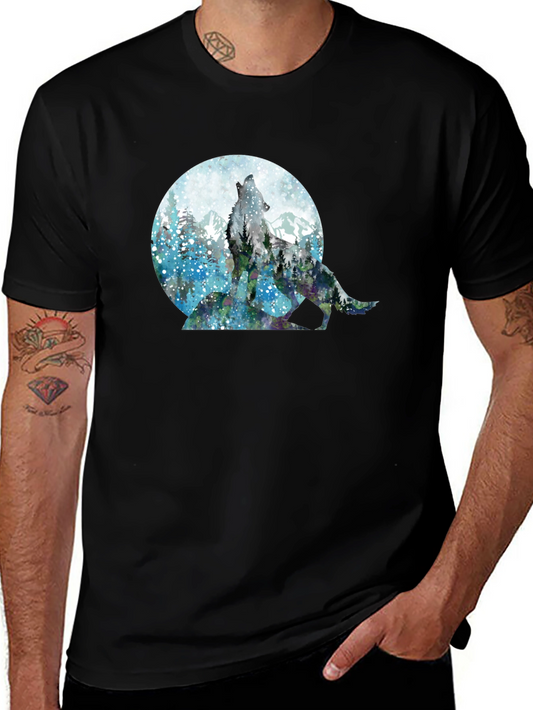 Wolf Howling at Moon Graphic Black T-Shirt
