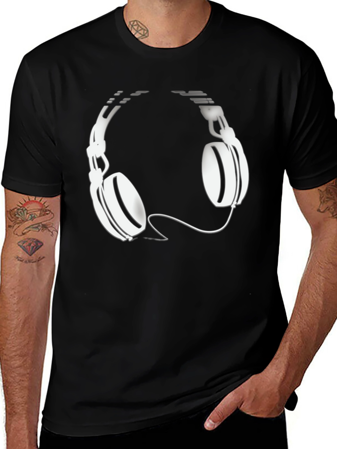 Black T-Shirt with Headphones Graphic