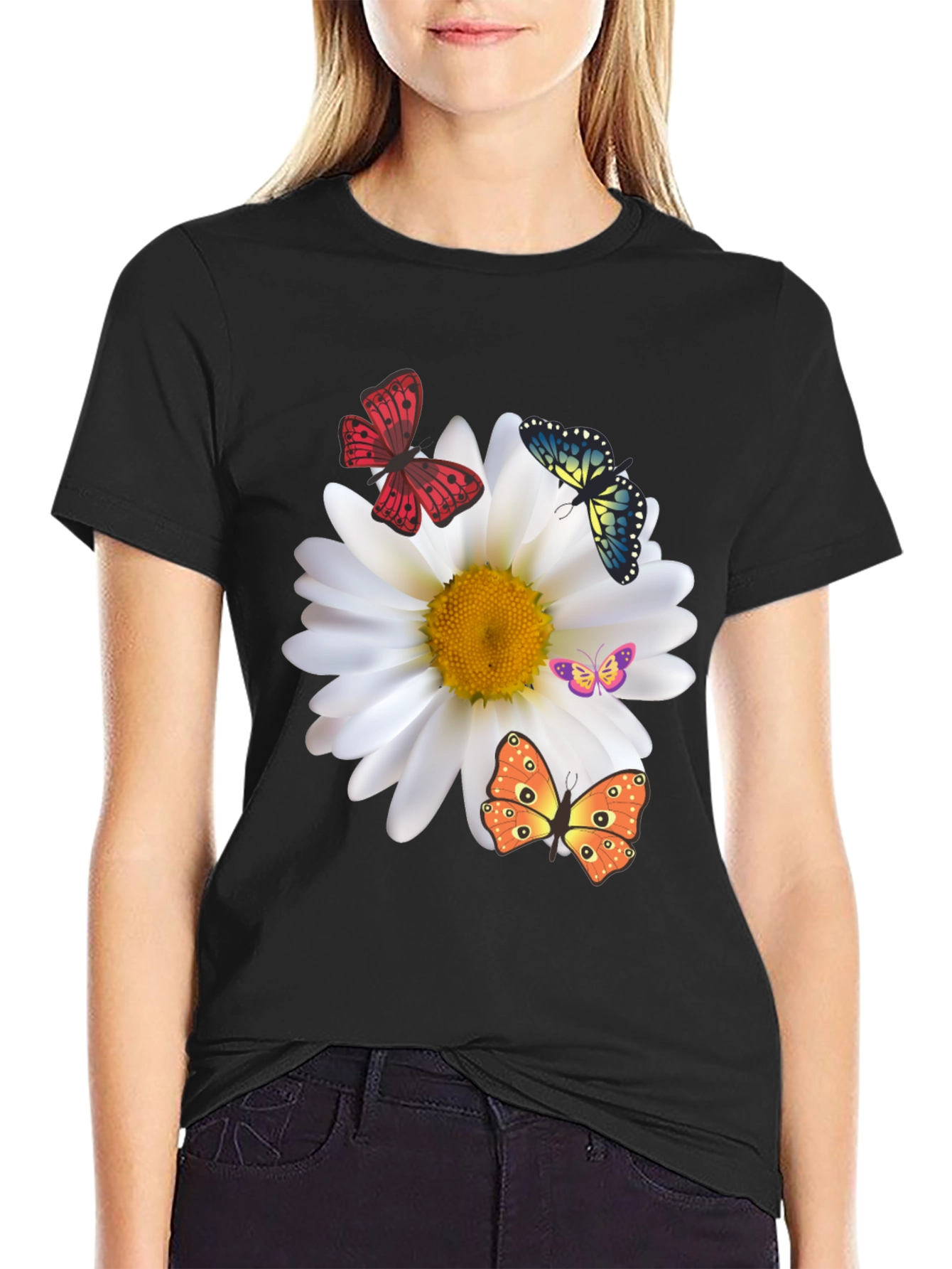 Butterfly Daisy Graphic Tee - Stylish Black T-Shirt
