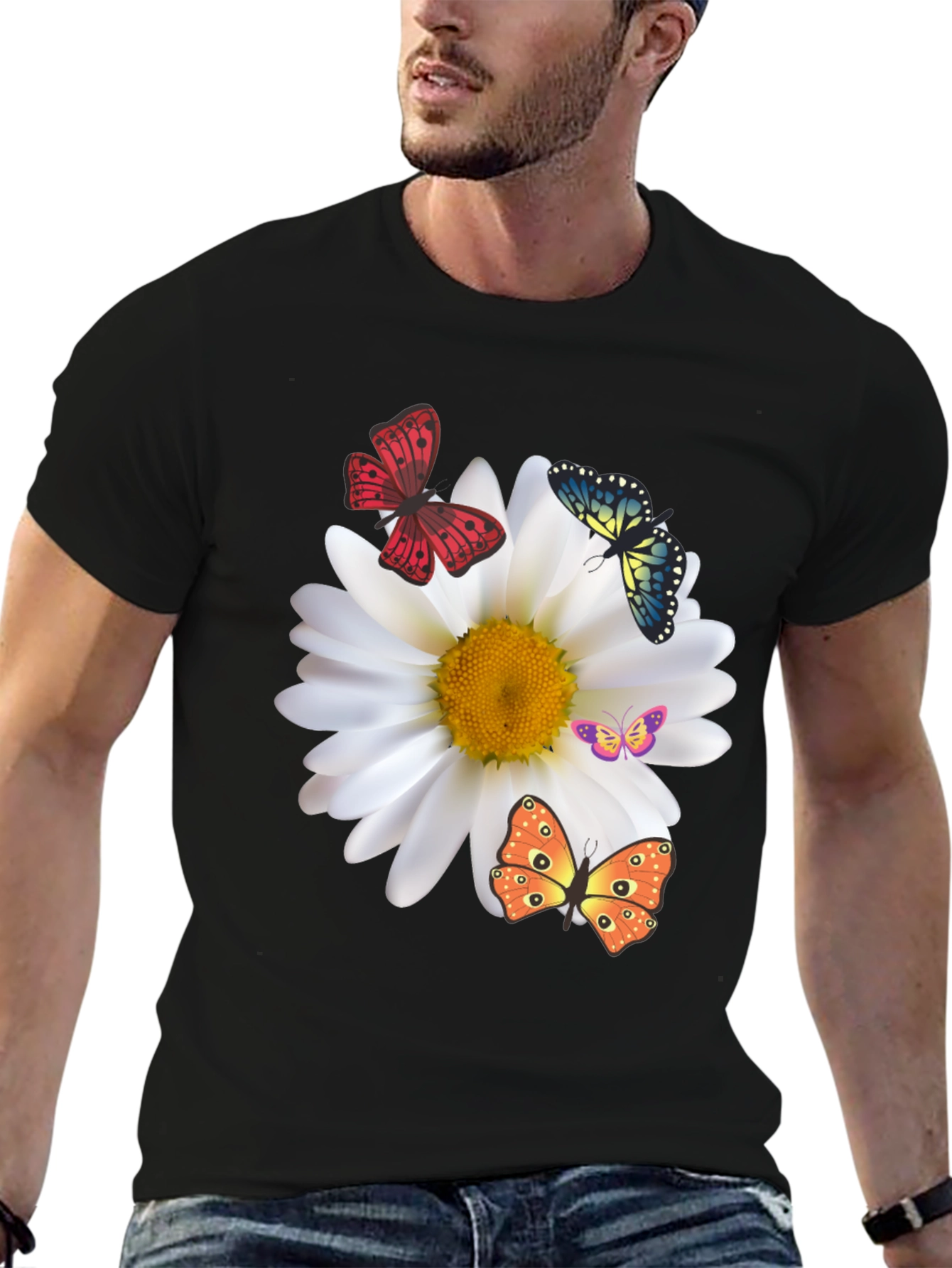 Butterfly Daisy Graphic Tee - Stylish Black T-Shirt