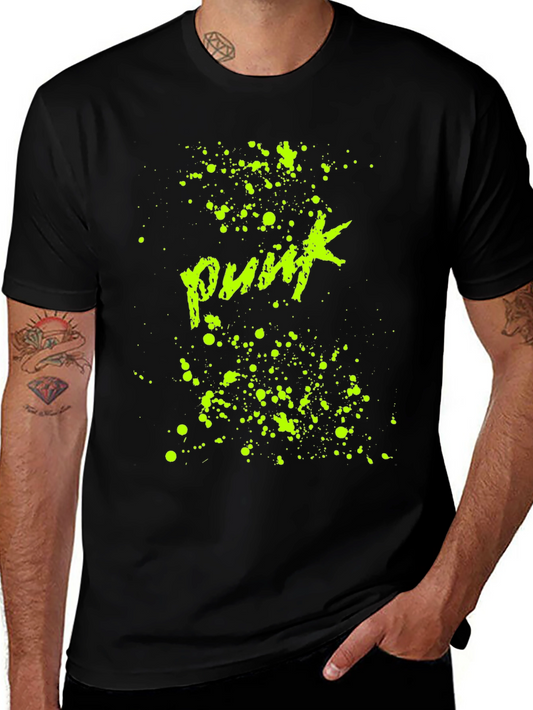 Punk Style Black T-Shirt with Neon Splatter Print