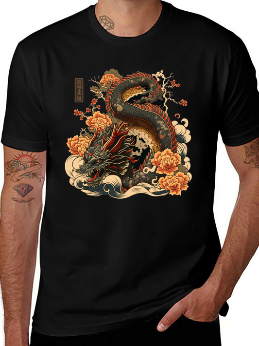 Black T-Shirt with Dragon and Floral Design