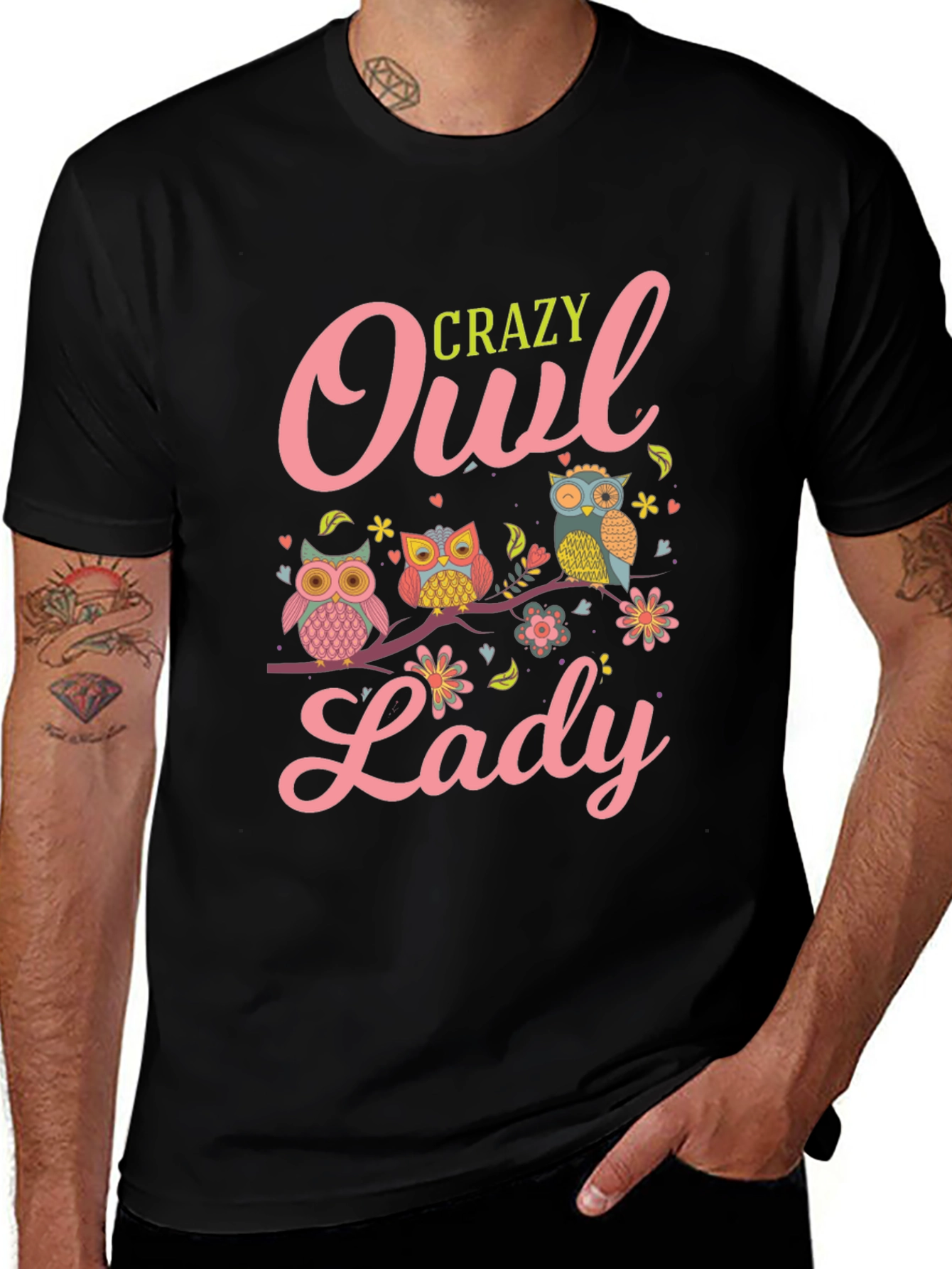 Crazy Owl Lady T-Shirt - Black Cotton Tee