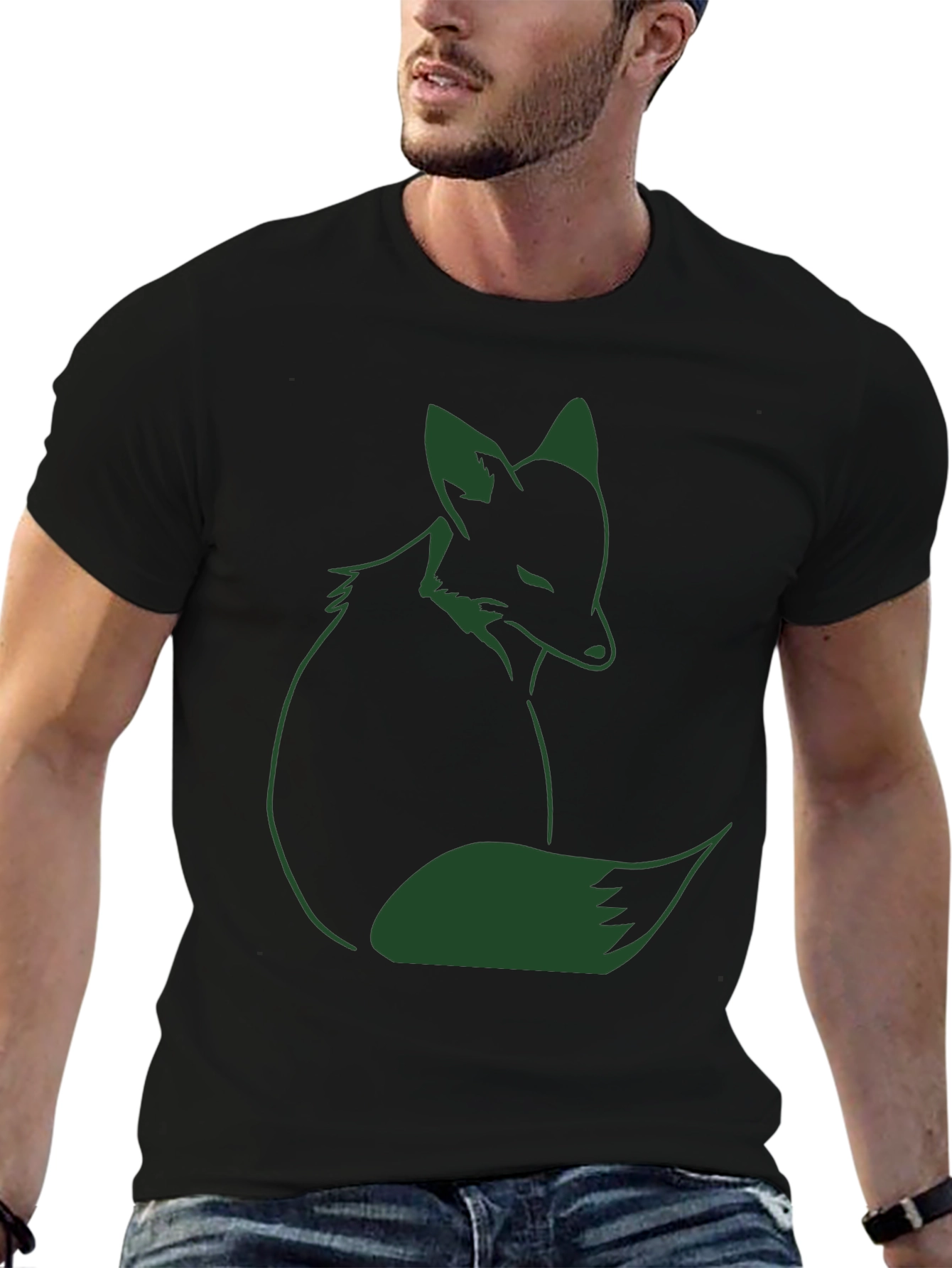 Fox Graphic T-Shirt - Dark Green Print on Black
