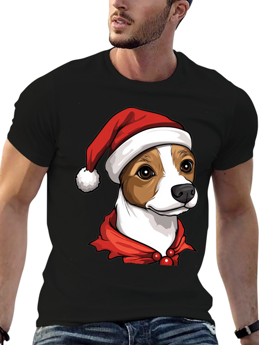 Festive Dog Graphic Tee - Santa Hat Holiday Shirt