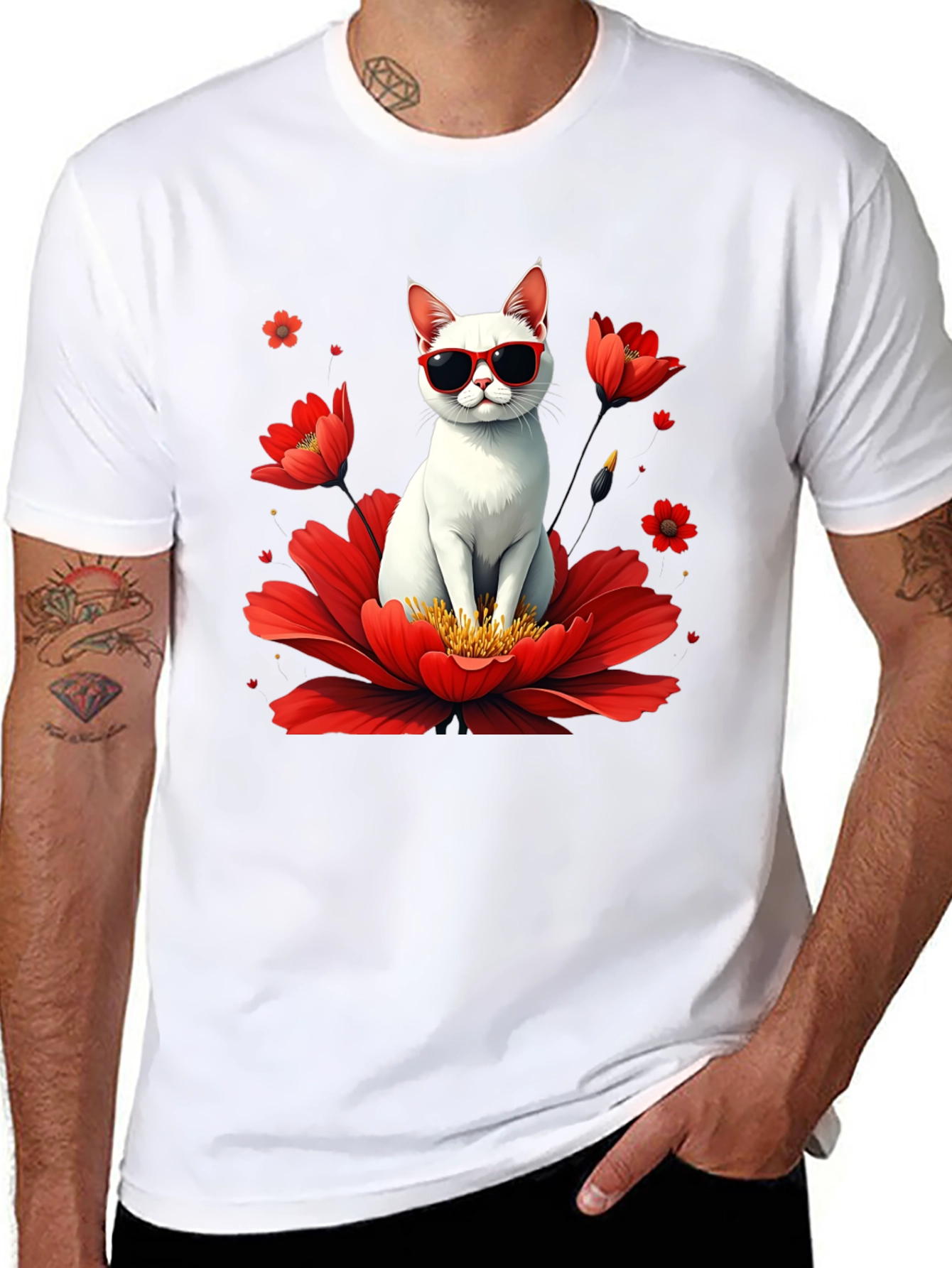 Cool Cat in Flower T-Shirt - Stylish & Fun